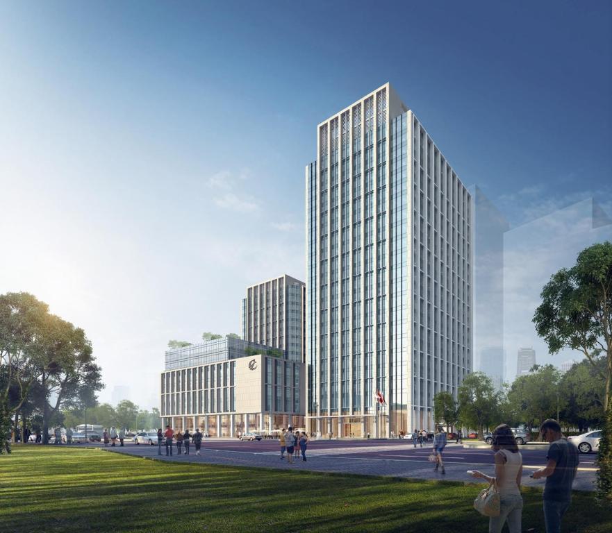 a rendering of a tall building with people in a park at LN Dongfang Hotel, Pazhou in Guangzhou