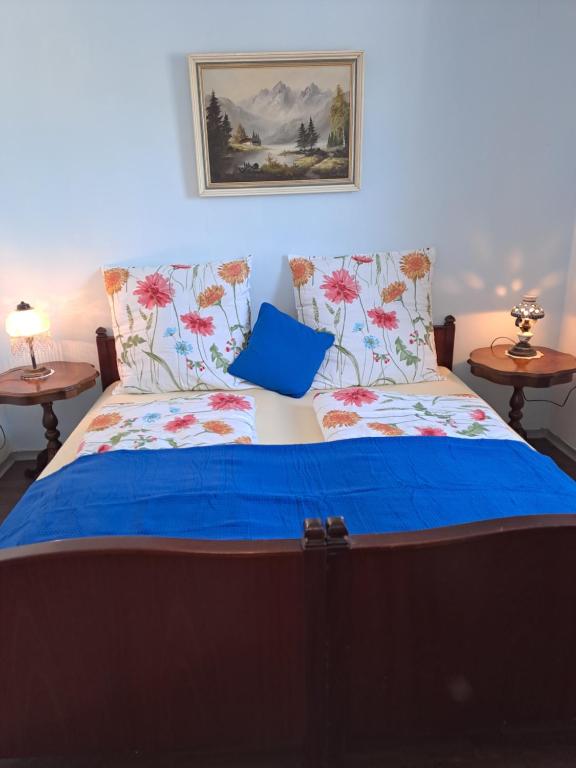een slaapkamer met een bed met blauwe lakens en kussens bij Keller´s Ferienwohnung an der Saale in Schwarzenbach an der Saale