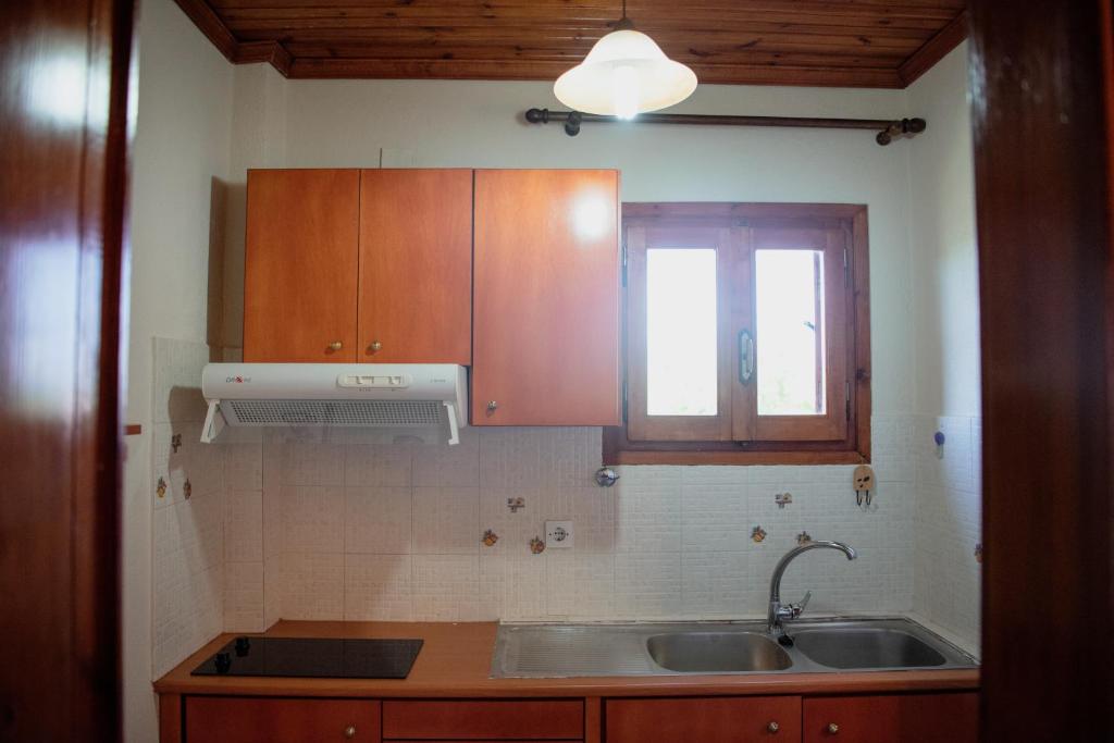 a kitchen with a sink and a window at Studio Sevasti in Kala Nera