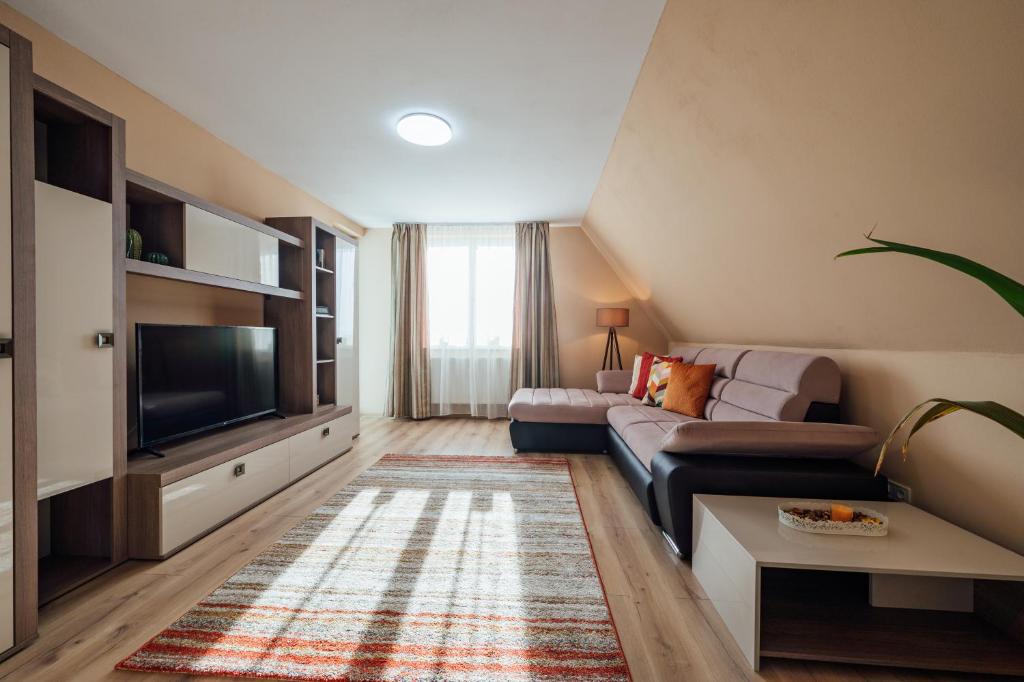 un soggiorno con divano e TV di SkarabeuS a Odorheiu Secuiesc