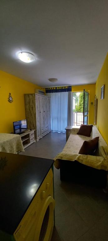 een kamer met 2 bedden in een kamer met gele muren bij Уютные 2-х комнатные апартаменты in Pomorie