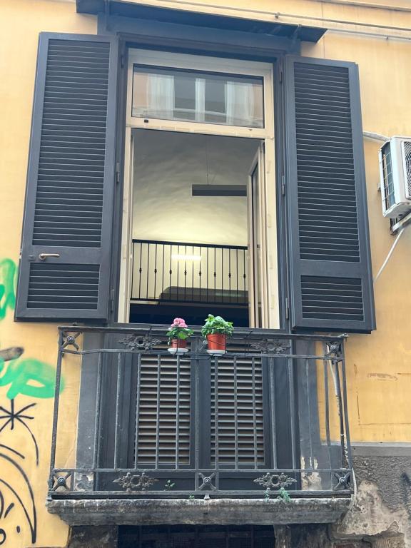 una finestra con due piante in vaso su un balcone di House Casa a Napoli