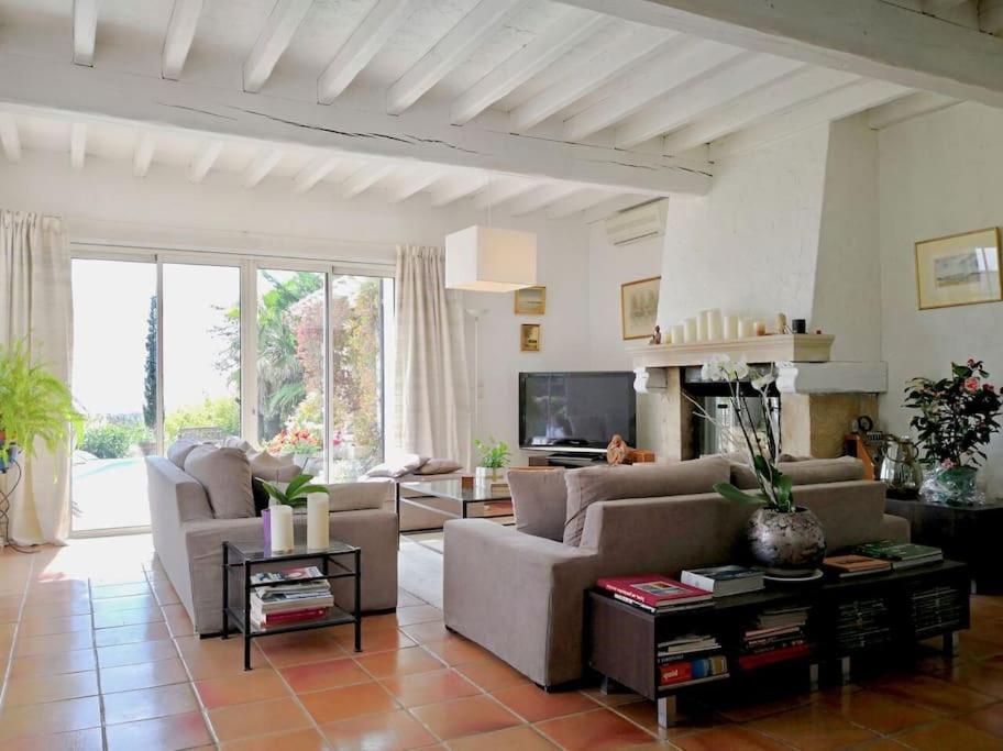 a living room with two couches and a tv at Beautiful Sea View House in Vallauris