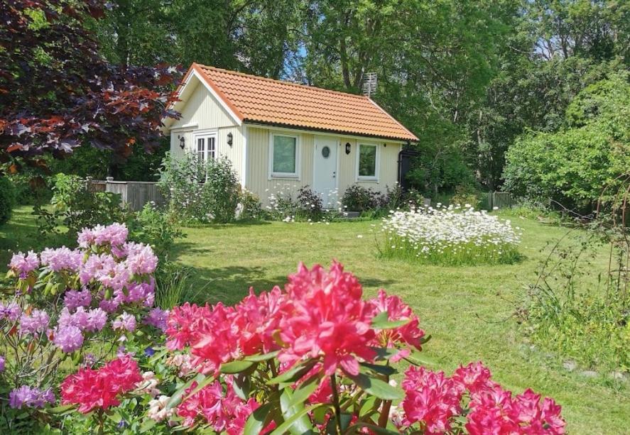 a small house in a garden with flowers at Stugan Brantevik in Brantevik
