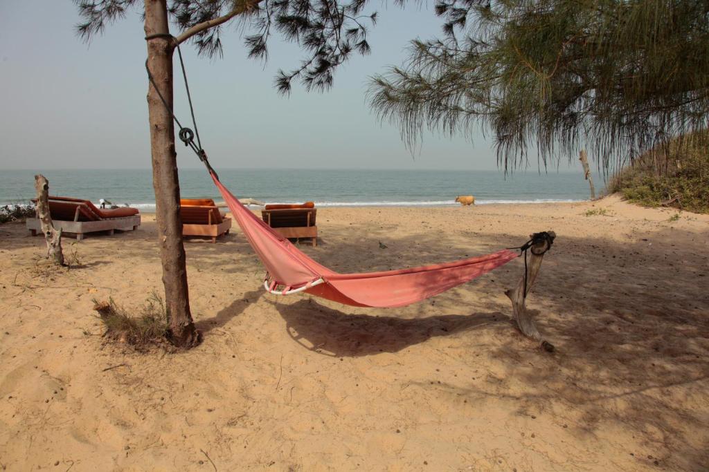 uma rede amarrada a uma árvore na praia em Jinack Lodge em Jinack Island