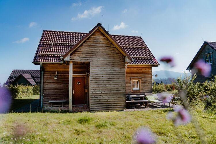 a small wooden house sitting in a field at Ferienhäuser, Torfhaus in Torfhaus