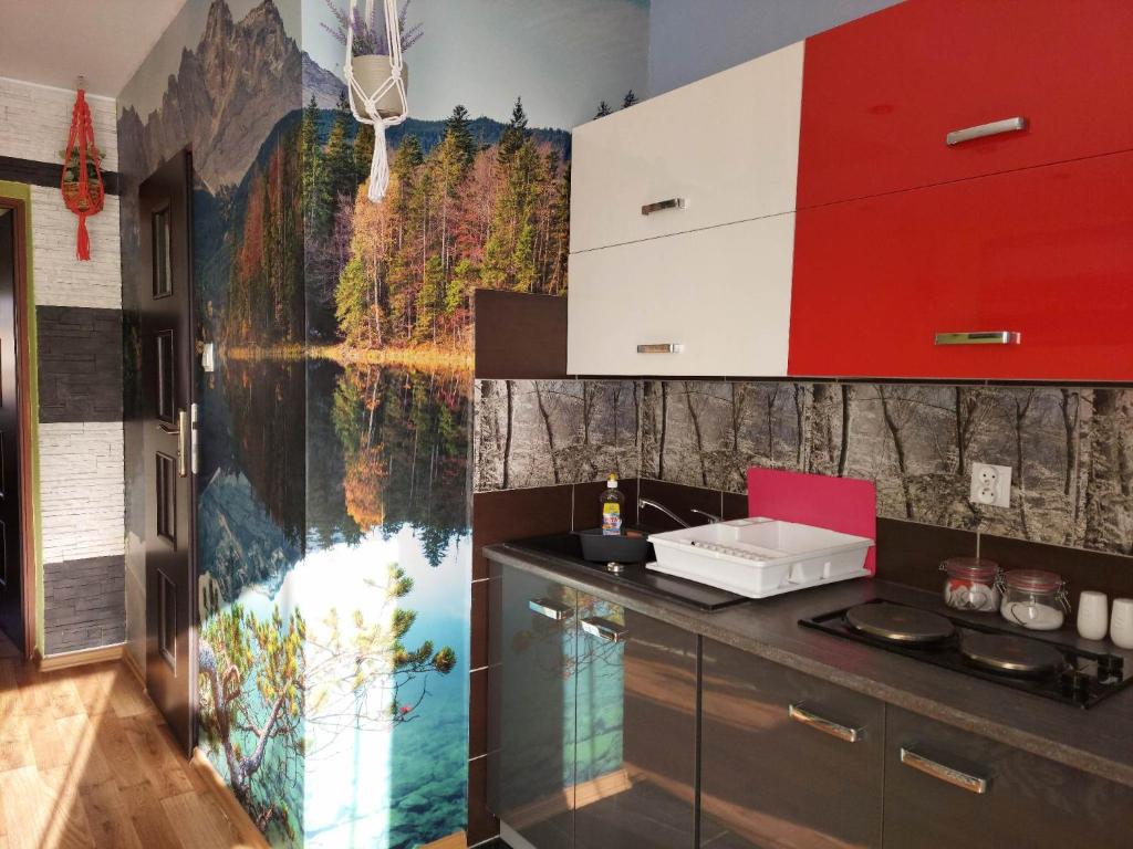 a kitchen with a mountain mural on the wall at Apartament i pokoje u Roberta in Polańczyk