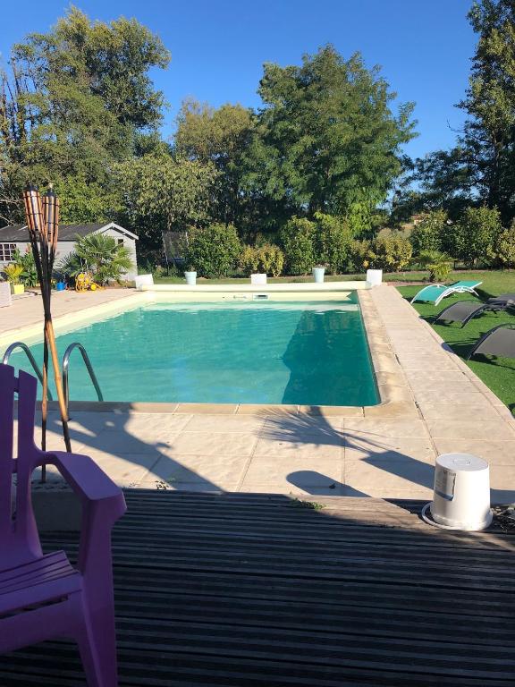 - une piscine avec une chaise violette à côté dans l'établissement Gîte Les Sables calme proche Zoo de Beauval & Châteaux, avec piscine, à Mareuil-sur-Cher