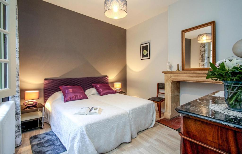 a bedroom with a bed with purple pillows and a fireplace at Les 3 Oies in Sarlat-la-Canéda