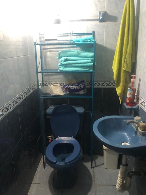 La salle de bains est pourvue de toilettes bleues et d'un lavabo. dans l'établissement Cuarto azul, à Ciudad Valles