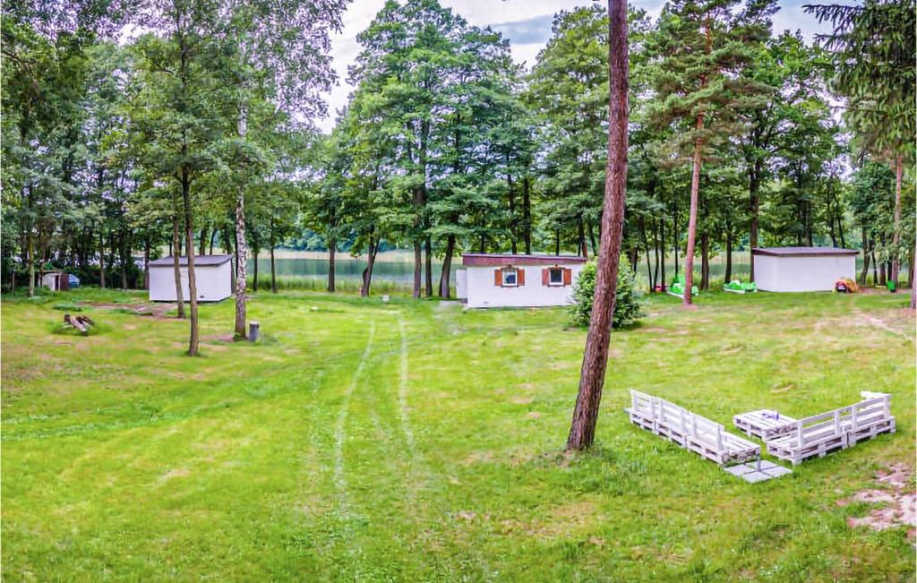 a park with two benches in a field with trees at Awesome Home In Sulnowo With Sauna And Wifi 