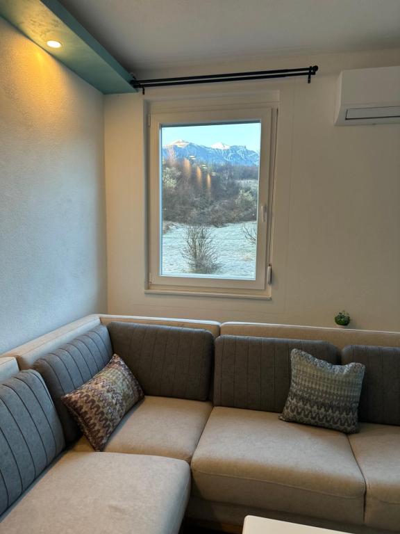 - un salon avec un canapé et une fenêtre dans l'établissement Apartment Eneya, à Pazarić