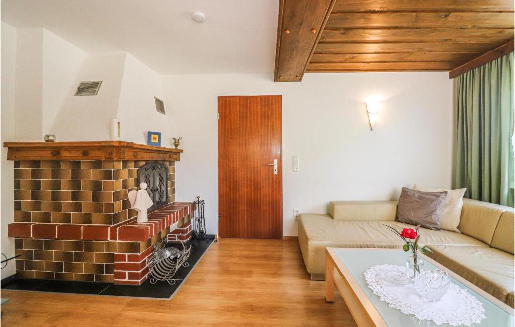 un soggiorno con divano e camino di Gemuetliche Ferienwohnung a Dalaas