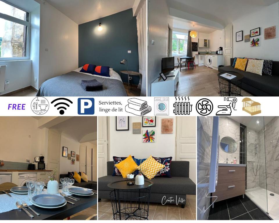 un collage di foto di una camera da letto e di un soggiorno di TABI APPART ,MODERN CHIC vs FREE PARKING,WIFI,DRAPS a Thiers