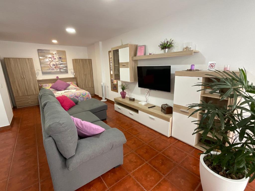 uma sala de estar com um sofá e uma televisão de ecrã plano em Apartamento SLAM em Baja Mar