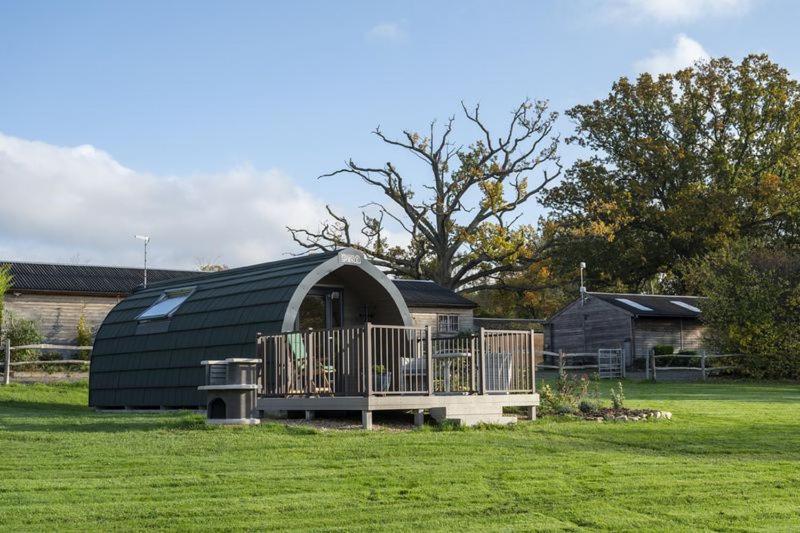 a large black building with a deck in a field at Little Quarry Glamping Bed and Breakfast in Tonbridge