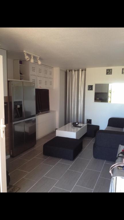 Televízia a/alebo spoločenská miestnosť v ubytovaní Grand studio bord de mer plus piscine