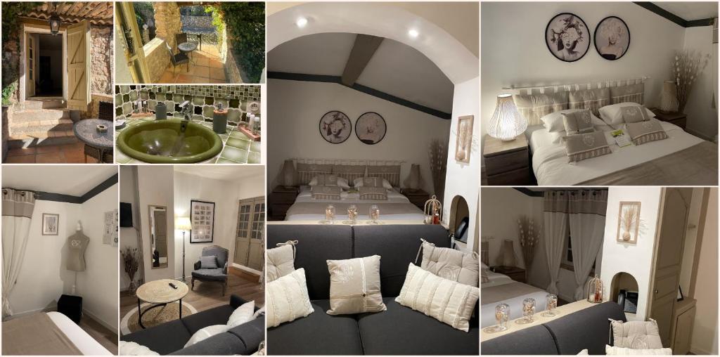 un collage de fotos de un dormitorio y una sala de estar en Le Château d'Argens, en Les Arcs sur Argens