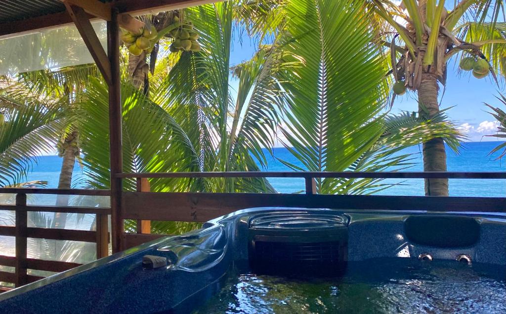 a hot tub in a resort with palm trees and the ocean at Les îlots du soleil levant in Saint-André