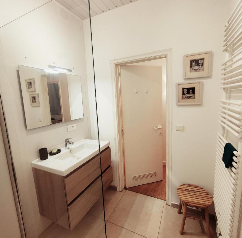 uma casa de banho com um lavatório e uma cabina de duche em vidro. em Stijlvol appartement met zeezicht Nieuwpoort em Nieuwpoort