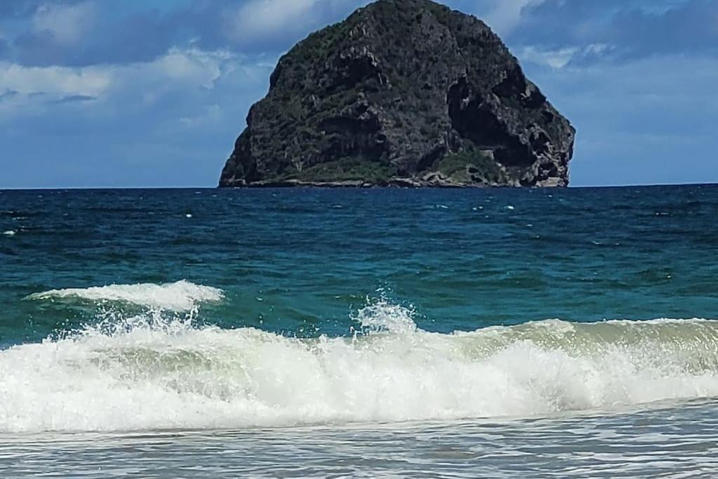 a rock in the ocean with a wave in the water at TI-TI Diamant Studio Plage du Diamant 2 Pers Clim WIFI in Le Diamant