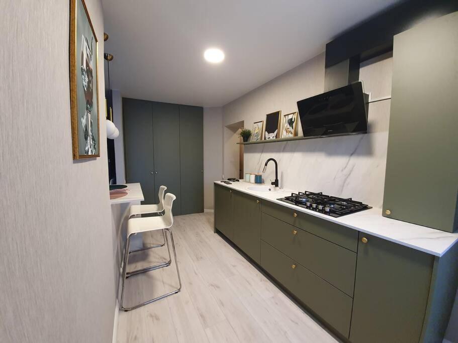 a kitchen with green cabinets and a sink and a stove at Butas Šiaulių centre in Šiauliai