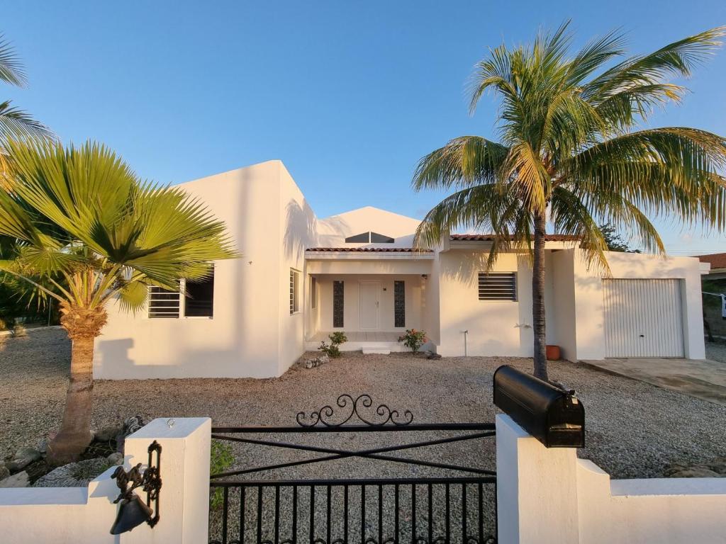 Biały dom z palmami przed nim w obiekcie Kaya Venus Bonaire w mieście Kralendijk