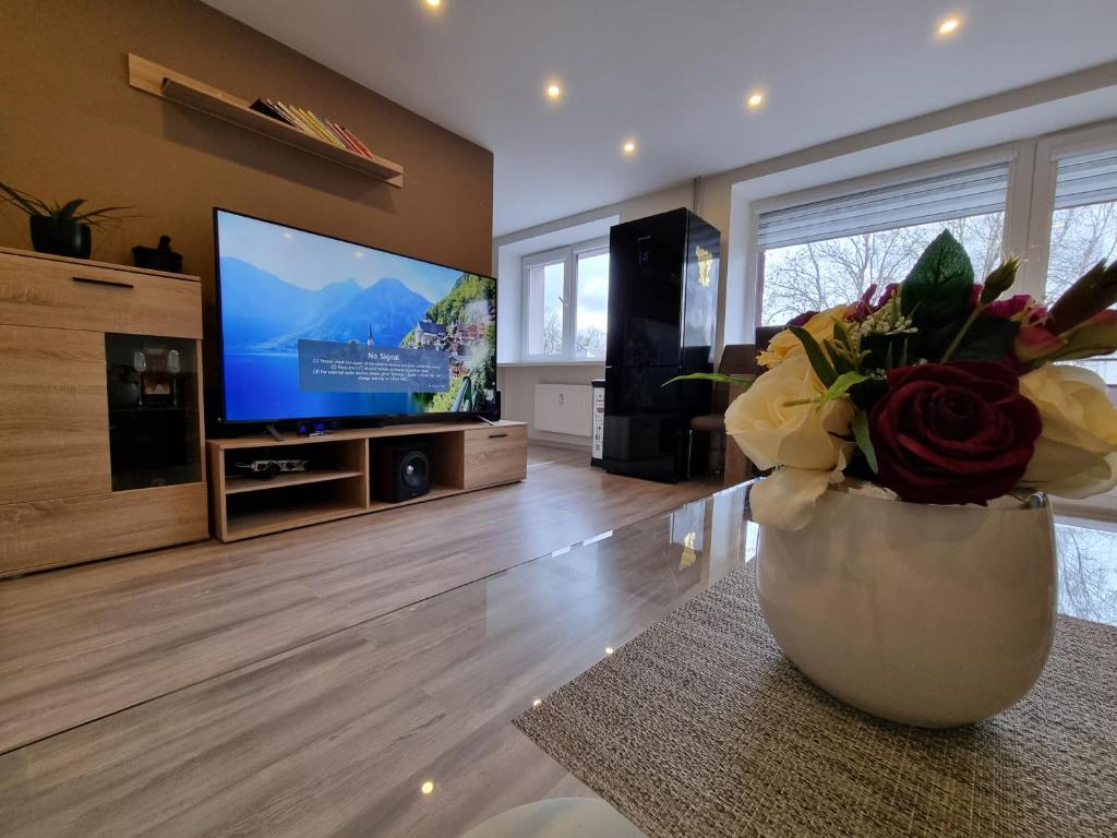 a living room with a television and a vase with flowers at Aurimas Apartments in Raseiniai
