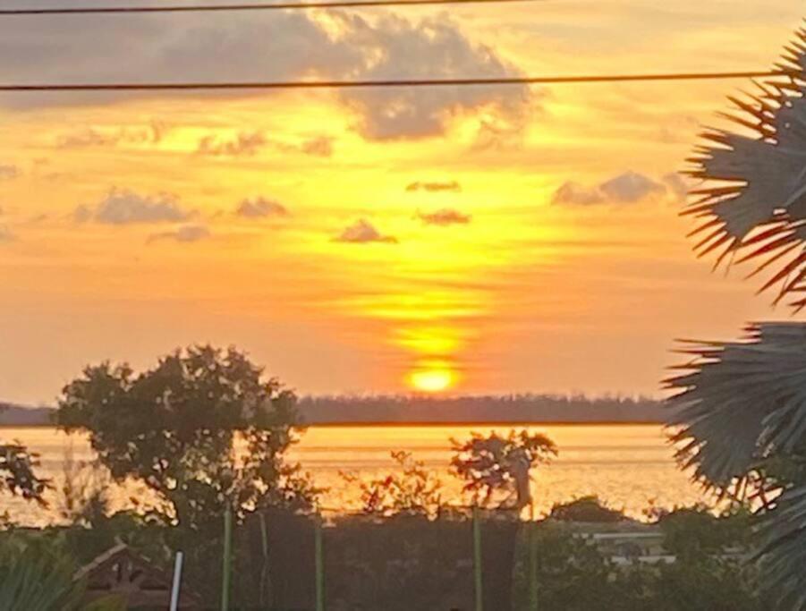 einen Sonnenuntergang über dem Meer mit Bäumen im Vordergrund in der Unterkunft Kokomo- Canal front 2b/1bath home in Big Pine Key