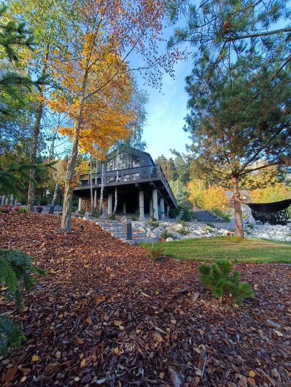 a house in the woods with leaves on the ground at Mucharskie Stodoły Stodoła I - Garden Spa in Jaszczurowa