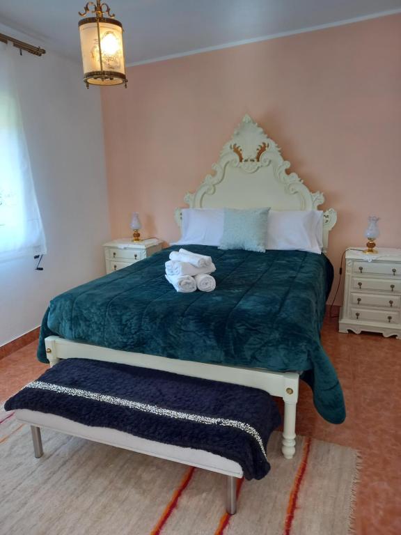 a bedroom with a bed with a green comforter at Casa da Ribeira em Rabal in Rabal