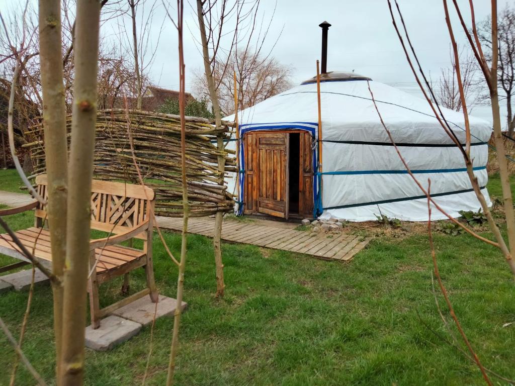 une yourte dans un champ avec un banc et une chaise dans l'établissement Todo Se Pasa Yurt 2, à Sauwerd