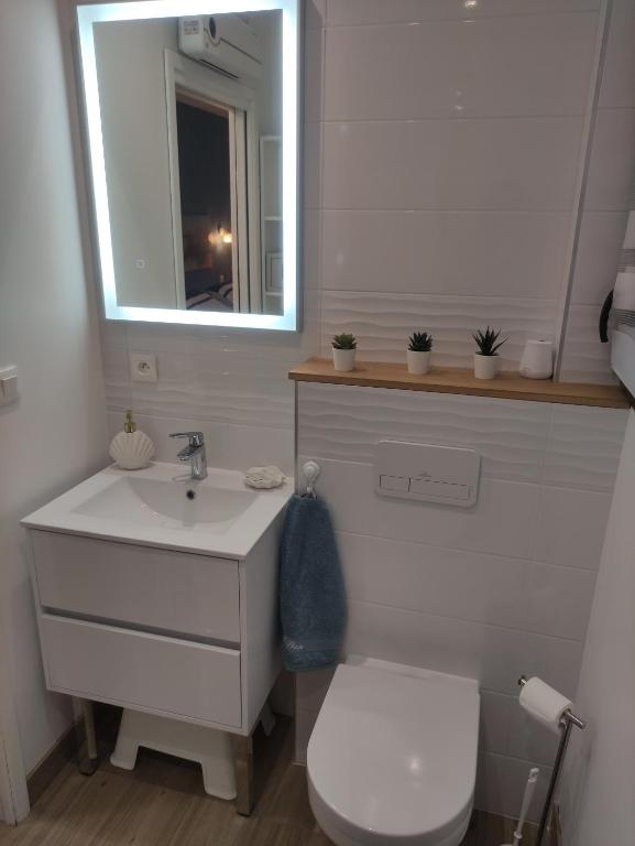łazienka z umywalką, toaletą i lustrem w obiekcie Studio les jardins de la brèche w mieście Hermanville-sur-Mer