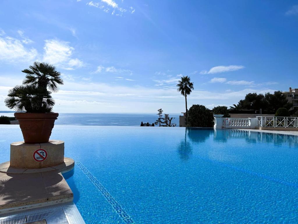 einen großen Pool mit Meerblick in der Unterkunft Gabrielle Appartements CANNES in Cannes