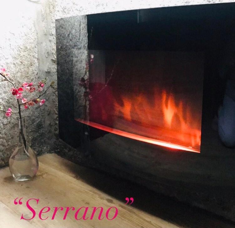 a fireplace with a fire in it with a vase at Serrano T1 centro da cidade in Guarda