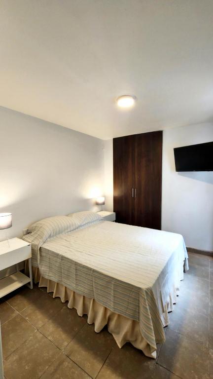 ラ・リオハにあるCOMPLEJO AVIVのベッドルーム1室(白い大型ベッド1台付)