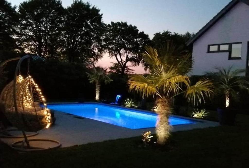 a swimming pool in a yard with palm trees and a house at Chambre d'hôtes Lanonweye in Waimes