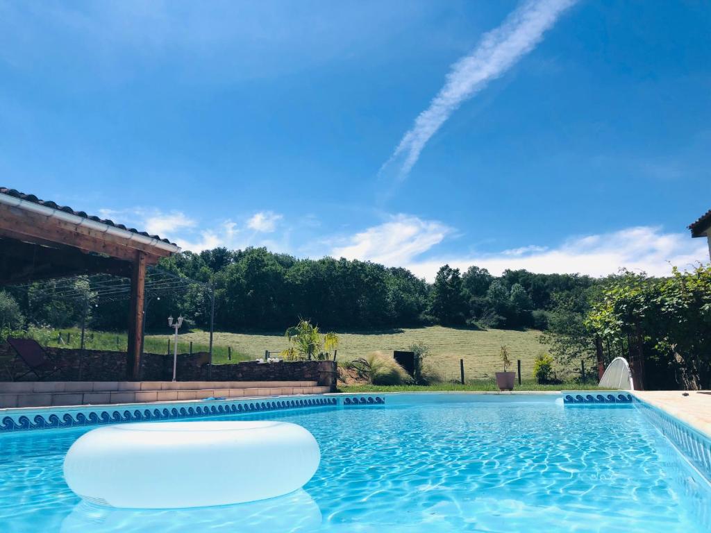 una piscina con un cielo azul en el fondo en La Ferme Parrinet - Gîte et Chambres d'hôtes, en Saint-Martin-Laguépie