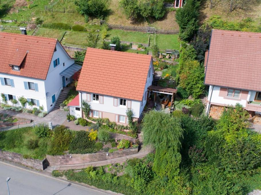 an aerial view of a house with red roofs at Le Bain du Corbeau - Schwarzwald-Villa Alpirsbach in Alpirsbach