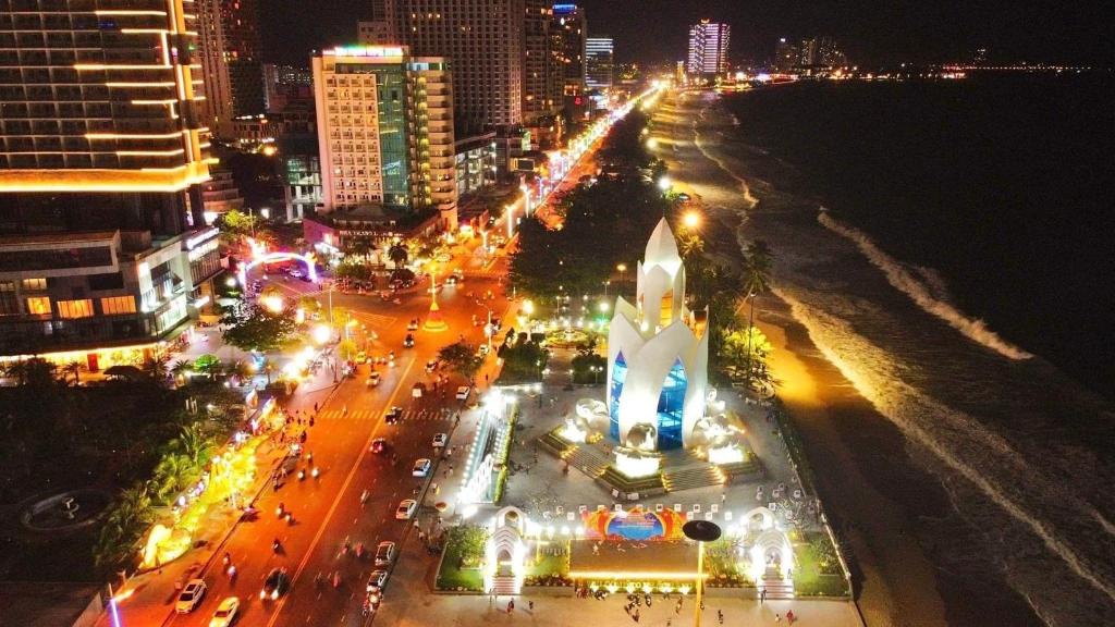 an aerial view of a city at night at Nha Trang Lodge Hotel in Nha Trang