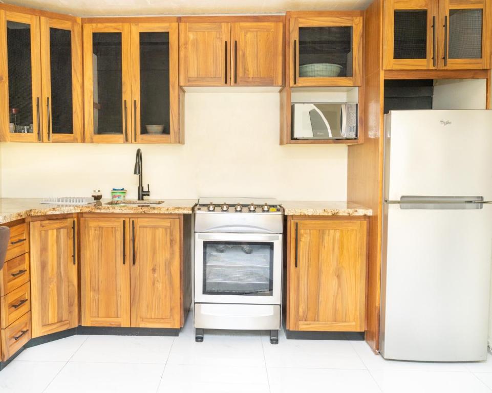 a kitchen with wooden cabinets and a white refrigerator at Francis Nook Belle Garden Room in San Juan