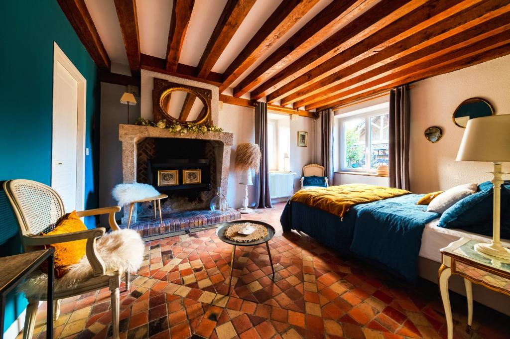 a bedroom with a bed and a fireplace at NUITS DE LOIRE -Entre Blois et Chambord in Vineuil