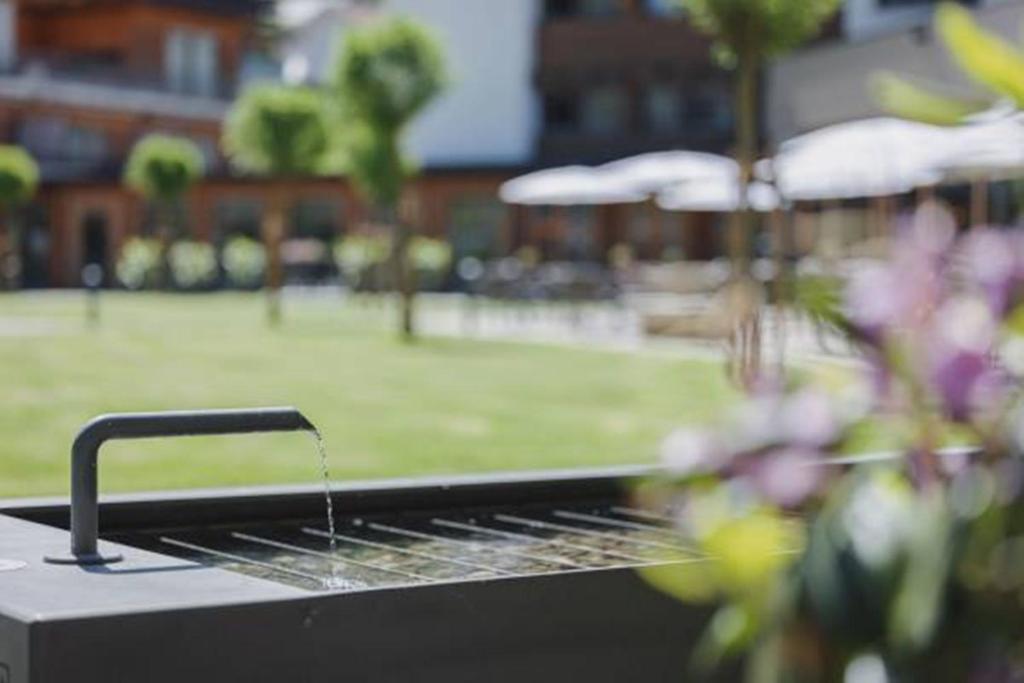 a grill with water coming out of it in a park at Alpenhotel Montafon & SPA in Schruns