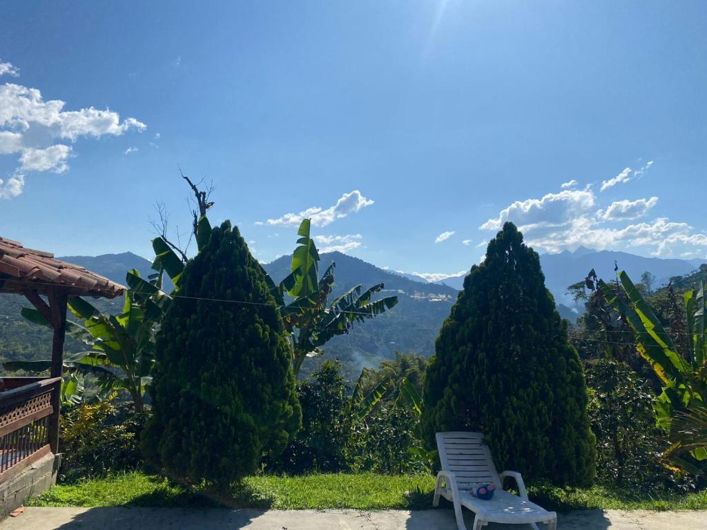 une chaise et des arbres avec des montagnes en arrière-plan dans l'établissement alojamiento rural finca ayapel, à Verdún