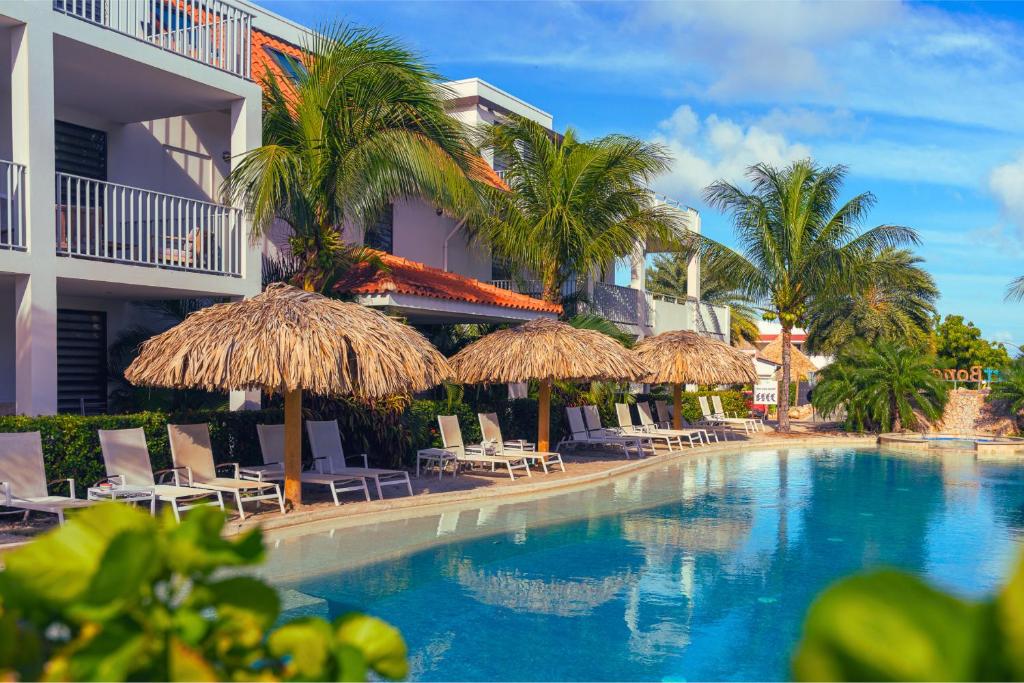 a resort with a swimming pool with chairs and umbrellas at Resort Bonaire in Kralendijk