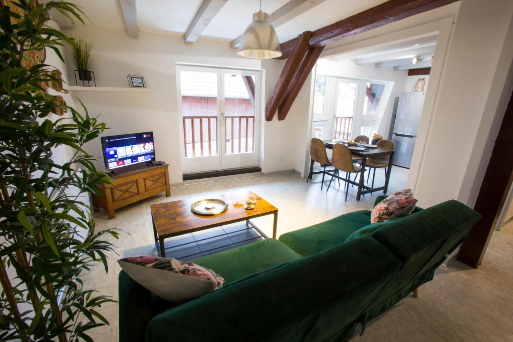 a living room with a green couch and a table at La couronne Maison 80m2 garage &amp; terrasse in Sainte-Croix-en-Plaine