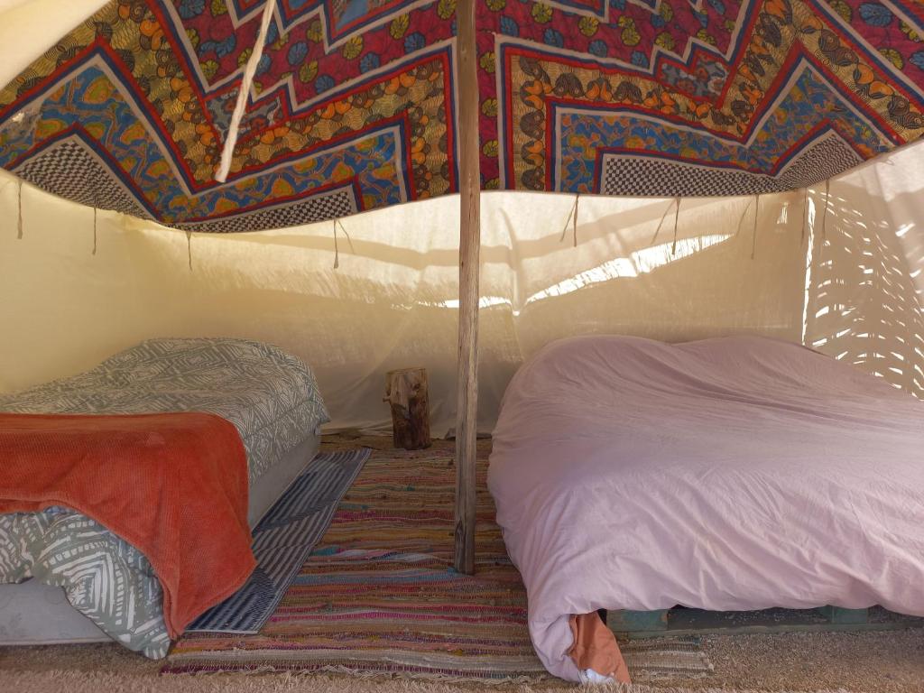 ein Schlafzimmer mit 2 Betten und einer farbenfrohen Wand in der Unterkunft Campo de Cielo Mamalluca Valle de Elqui in Vicuña