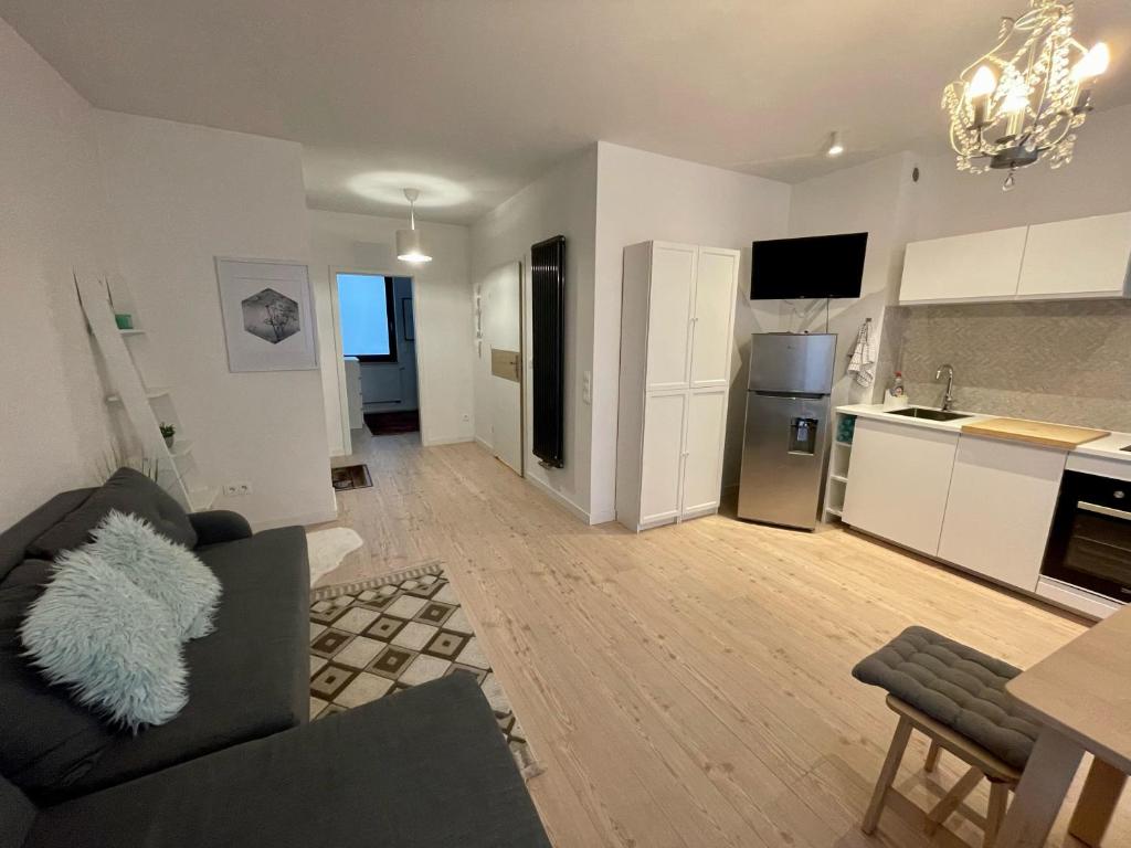 a living room with a couch and a kitchen at Niezapominajek in Opole