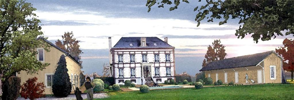 a painting of a large house in a field at Le Gingko - Hotel du Golf Parc Robert Hersant in La Chaussée-dʼIvry