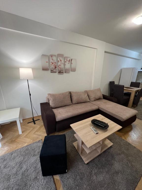 sala de estar con sofá y mesa de centro en Apartment Dostojevski, en Novi Sad